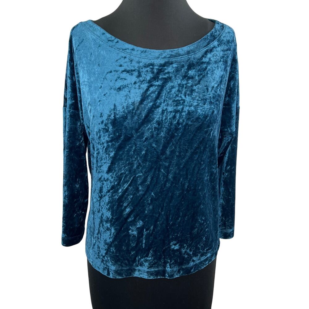 C&C California Blue Crushed Velour Velvet Long Sleeve Wide Pullover Top S Small